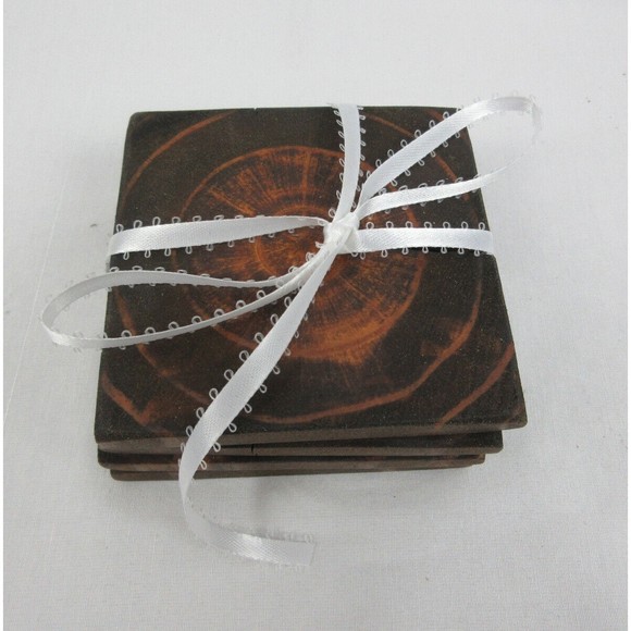Coaster Set of 4 Hand Crafted Rough Cut Reclaimed Wood Primitive Style Dark - Picture 1 of 4